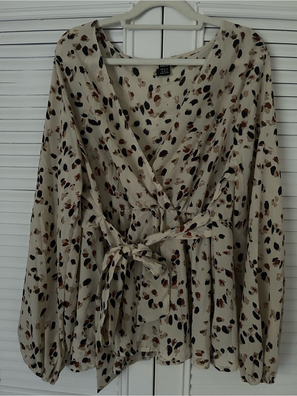 SHEIN Cream Long Sleeve Printed Wrap Blouse with Tie